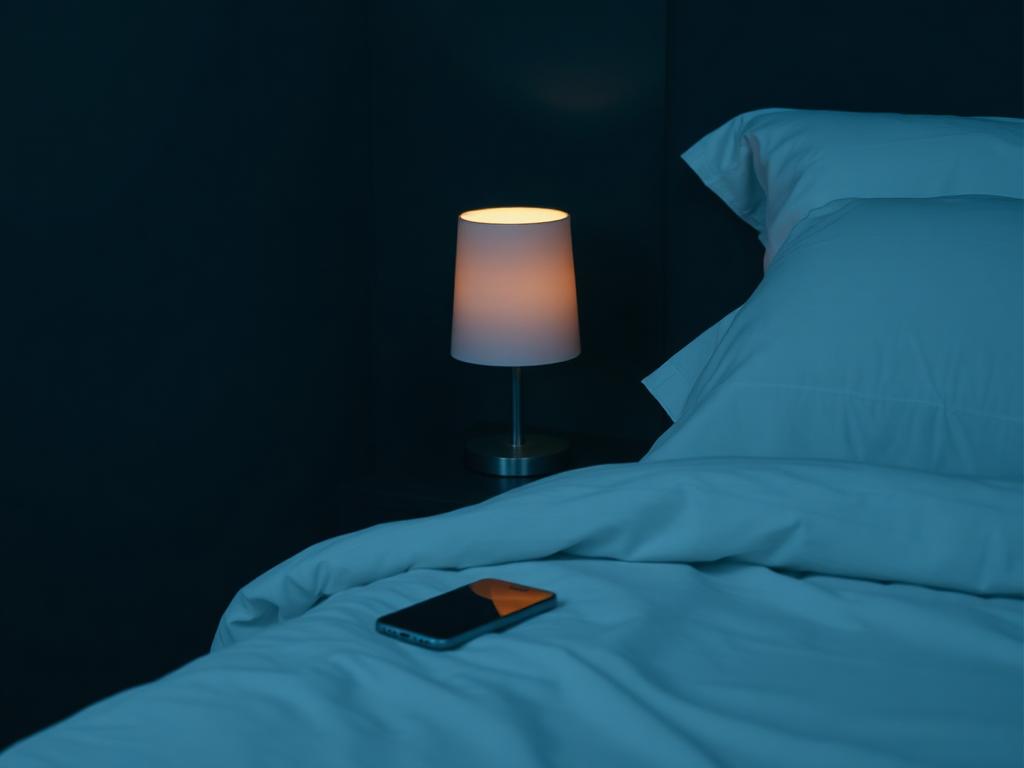 Habitación a oscuras con el móvil sobre la cama